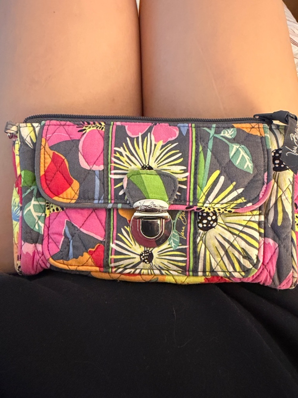 Vera Bradley Quilted Floral Wristlet in Pink, Yellow, Green & Gray